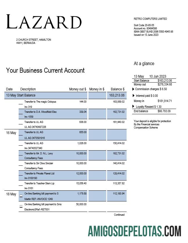 Em branco Lazard Bank Business Statement modelo Word e PDF
